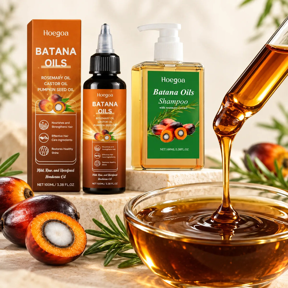 Aceite de batana para el cabello y champú de batana con romero, textura densa color ámbar
